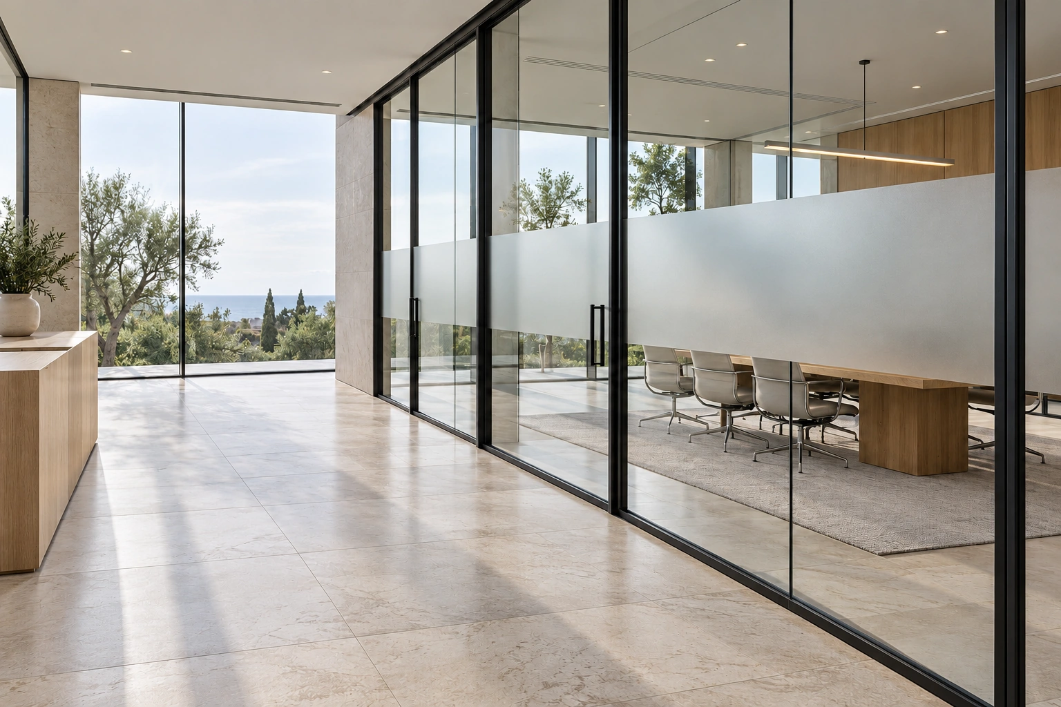 Espace lumineux avec cloison vitrée et décor adhésif